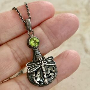 925 Sterling Silver Dragonfly Pendant Necklace – Green Peridot– 30” Chain